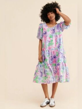 Urban Outfitters CRAS Lilicras Pastel Floral Puff Sleeve Midi Dress XL